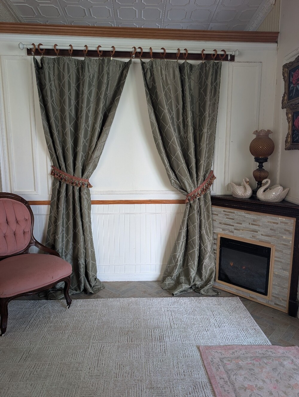 Custom Curtain Panels (2) Green Satin 100W x 87L Cotton Lined Tie Backs Tassel